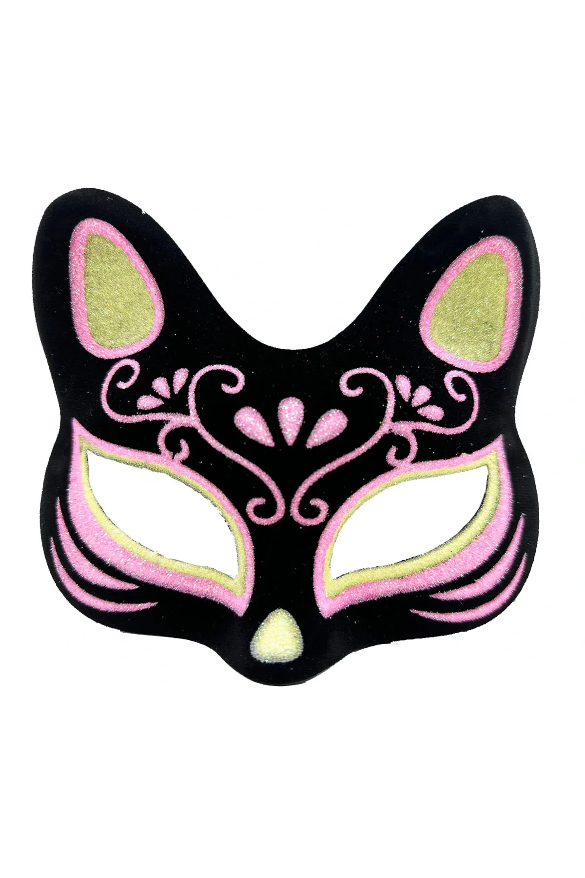 Siyah Renk Süet Kaplama Üzeri Sarı Pembe Simli Kedi Maskesi 17X14 Cm - Görsel 4