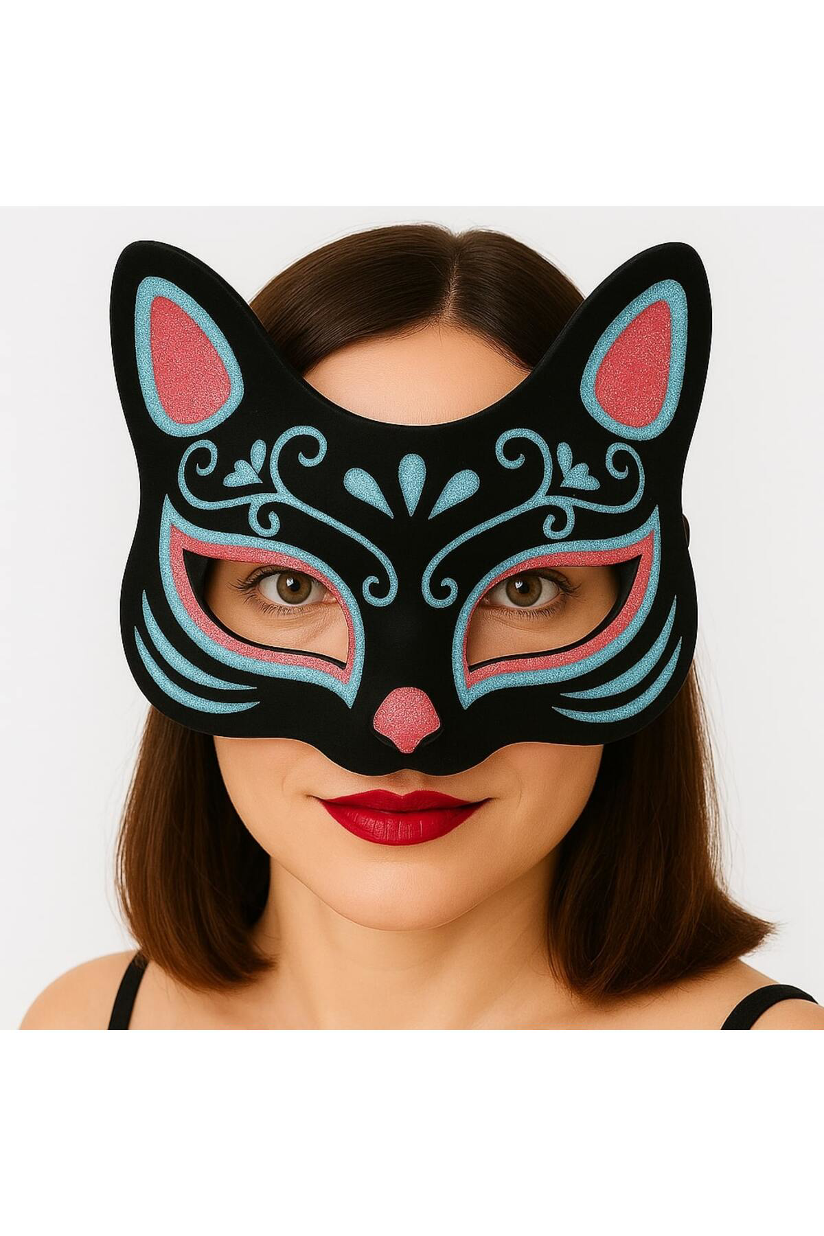 Ynt İthalat Siyah Renk Süet Kaplama Üzeri Mavi Kırmızı Simli Kedi Maskesi 17X