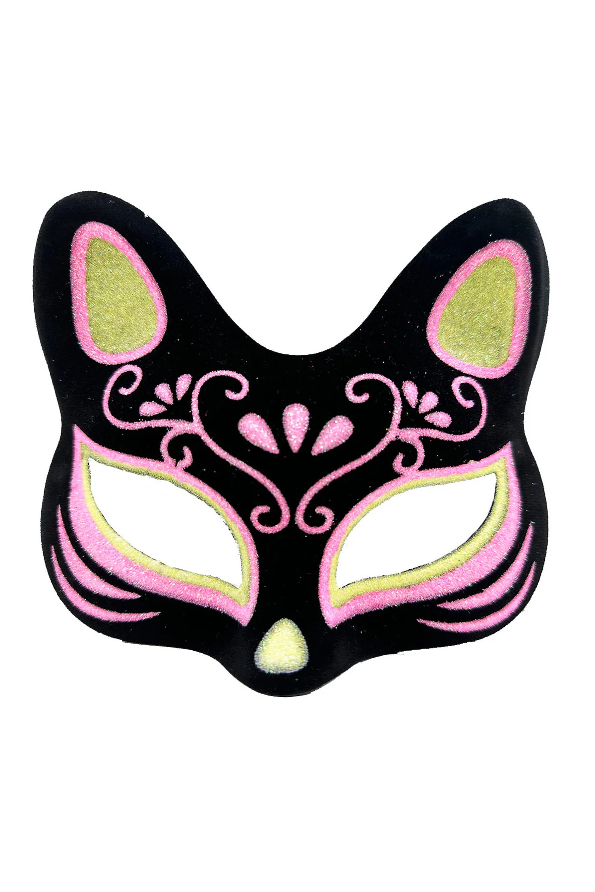 Siyah Renk Süet Kaplama Üzeri Sarı Pembe Simli Kedi Maskesi 17x14 cm  GO506089Gosa4541