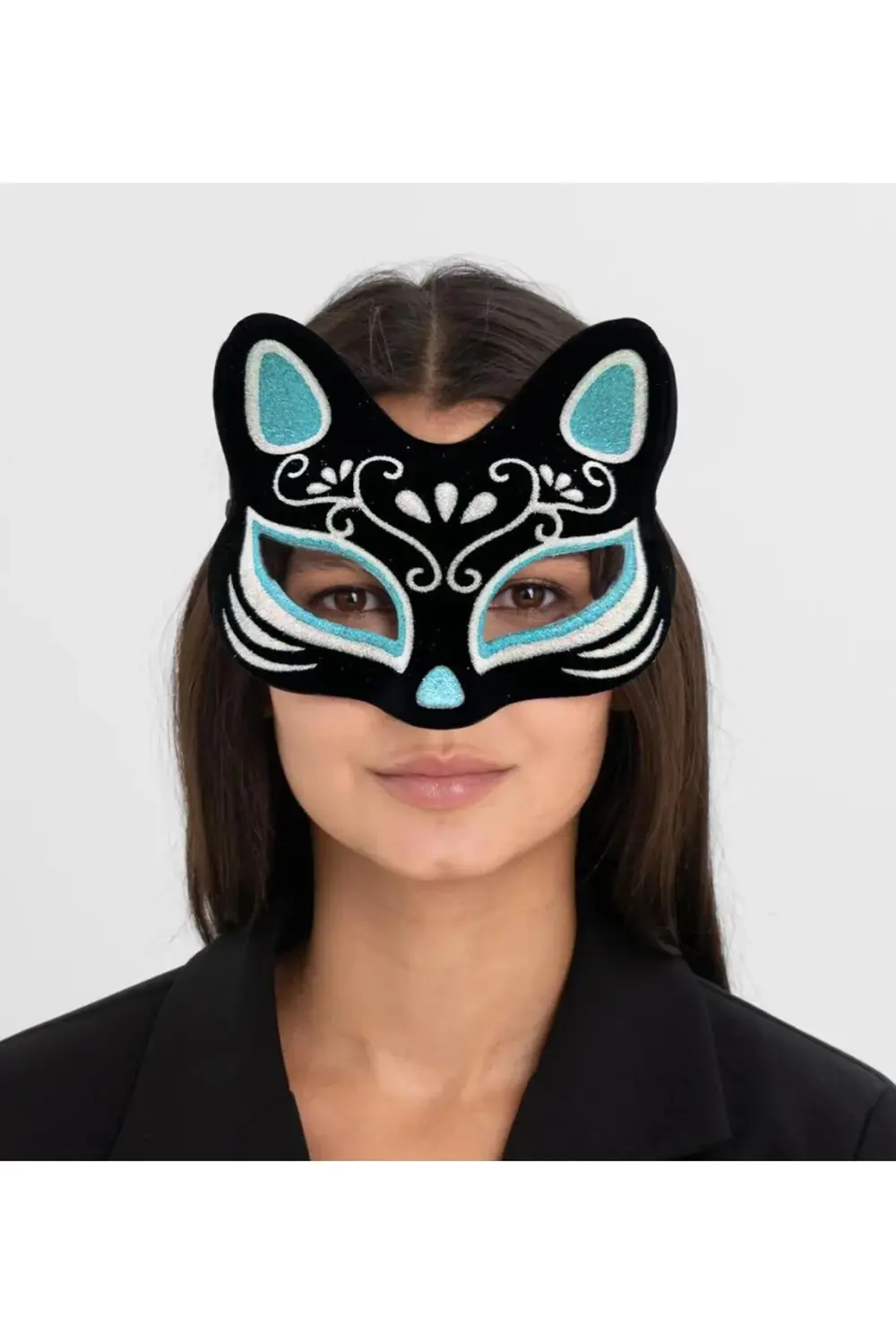 Siyah Renk Süet Kaplama Üzeri Gümüş Mavi Simli Kedi Maskesi 17x14