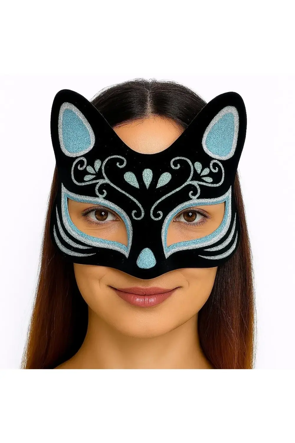 Siyah Renk Süet Kaplama Üzeri Gümüş Mavi Simli Kedi Maskesi 17x14