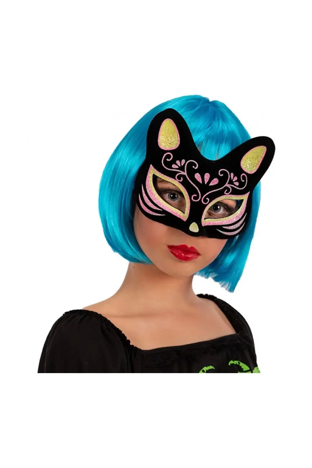 Siyah Renk Süet Kaplama Üzeri Sarı Pembe Simli Kedi Maskesi 17x14