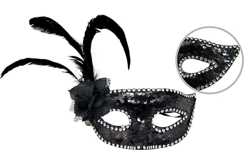 Siyah Renk Yandan Tüylü Güllü Gümüş Taşlı Pullu Maske 20x22 cm Siyah Renk Yandan Tüylü Güllü Gümüş Taşlı Pullu Maske 20x22 cm