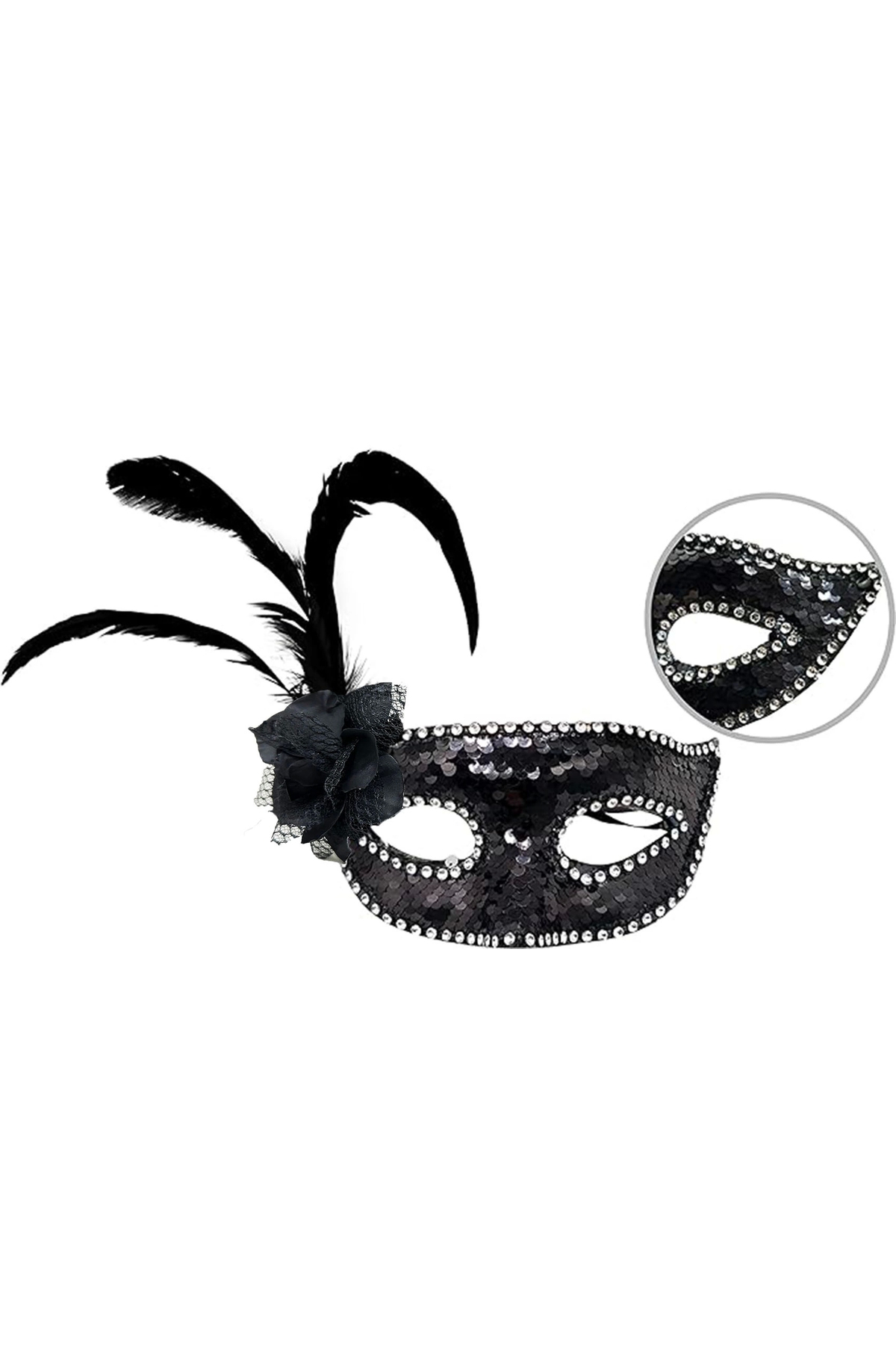 Astra Market Siyah Renk Yandan Tüylü Güllü Gümüş Taşlı Pullu Maske 20X22 Cm