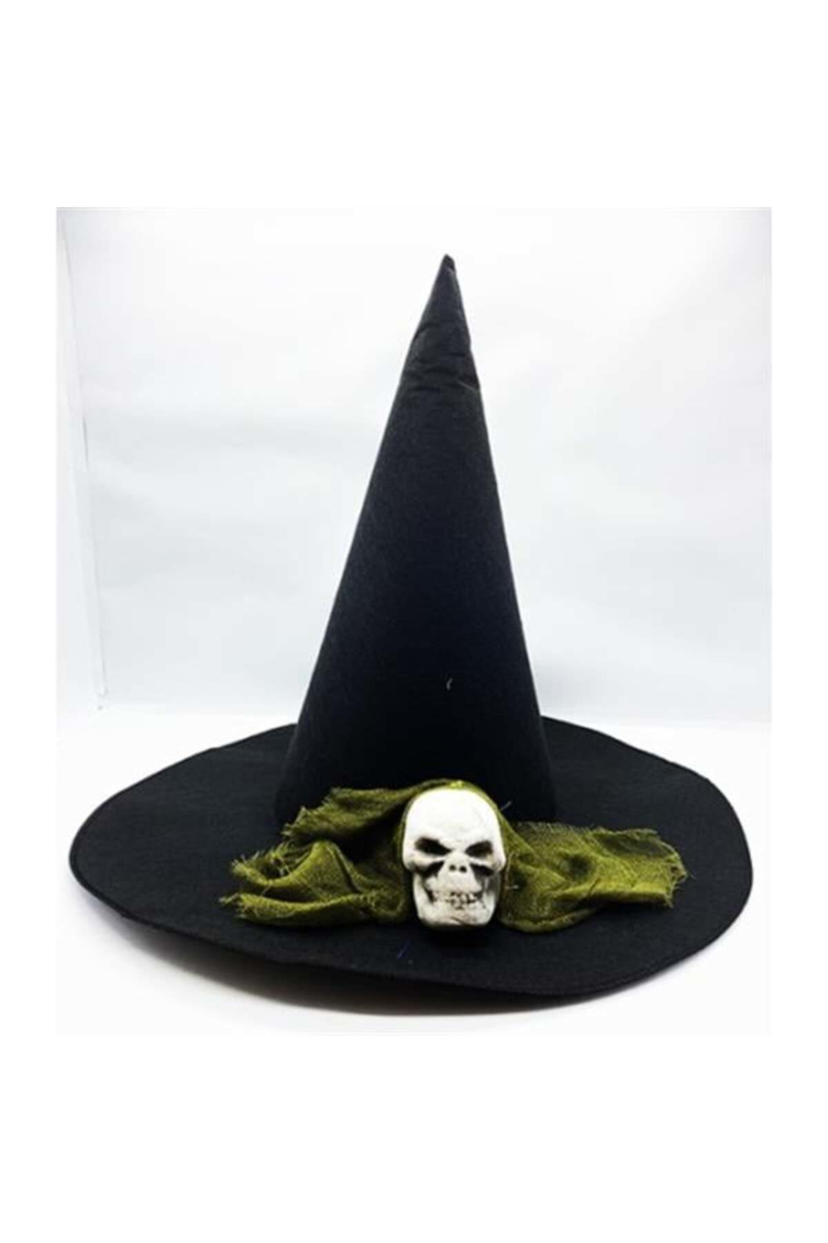 Dnmz Siyah Renk Yeşil Duvaklı Kuru Kafa Temalı Cadı Şapkası 35X38 Cm
