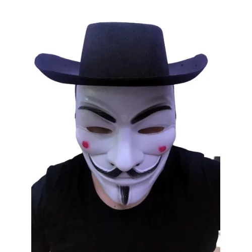 Siyah Renkli Delikli Çocuk Boy Vendetta Şapkası ve Vendetta Maskesi Siyah Renkli Delikli Çocuk Boy Vendetta Şapkası ve Vendetta Maskesi