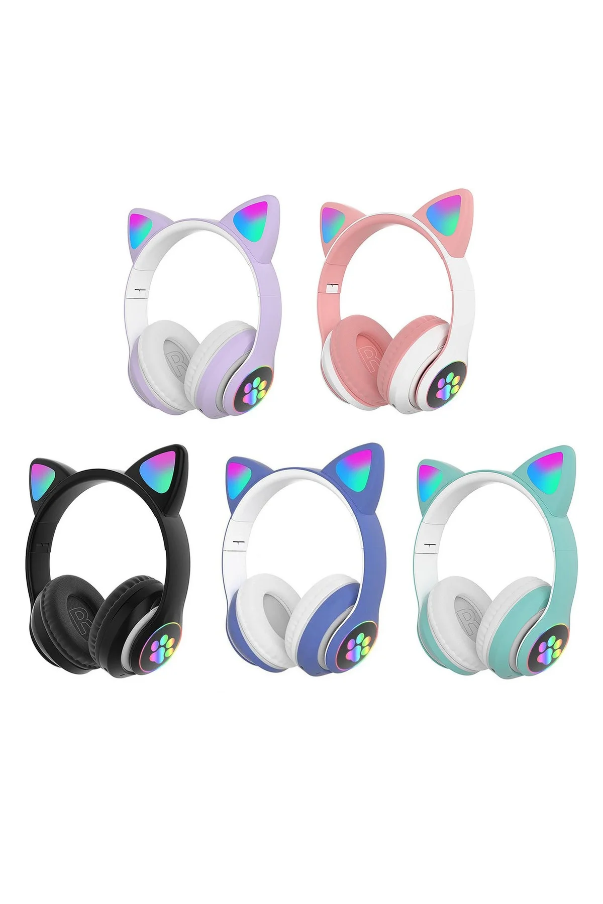 Siyah Renkli Kablosuz Bluetooth 5.0 Kulak Üstü Kulaklık, LED Işık Efekti ve Kedili Tasarım
