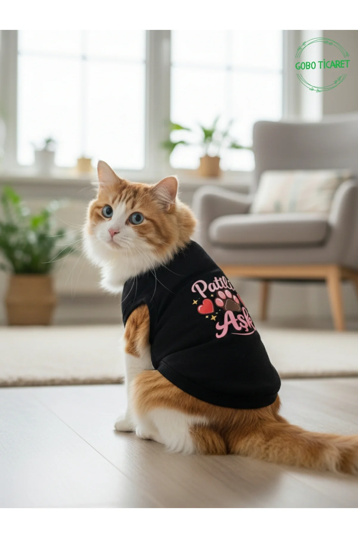 Siyah Renkli Patili Aşk Baskılı Kedi ve Köpek Kıyafeti Tişörtü El