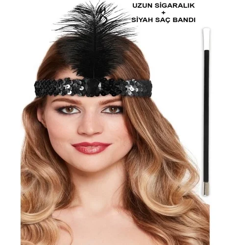 Siyah Retro Charliston Saç Bandı &amp; Sigaralık