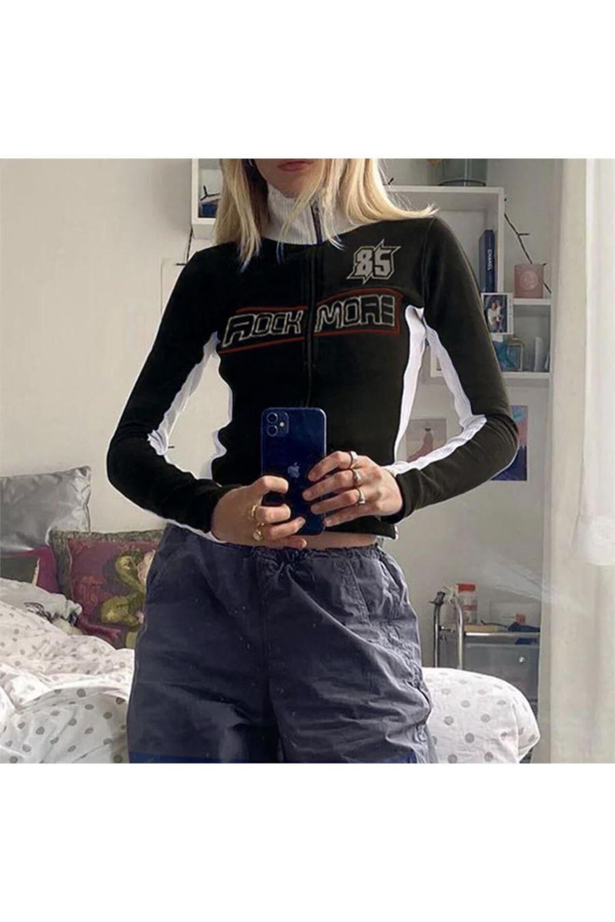 Köstebek Siyah Retro Rock More 85 Fermuarlı Crop Hırka