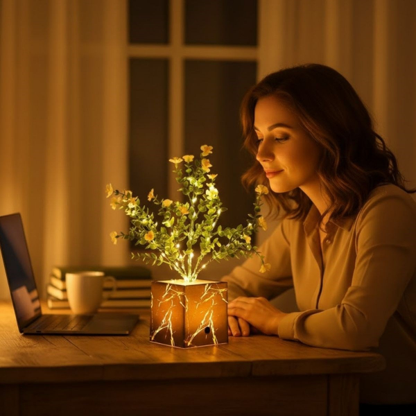 LED Işıklı Siyah Saksıda Dekoratif Yapay Çiçek