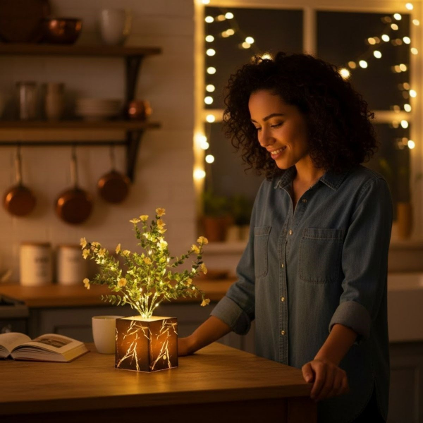 LED Işıklı Siyah Saksıda Dekoratif Yapay Çiçek
