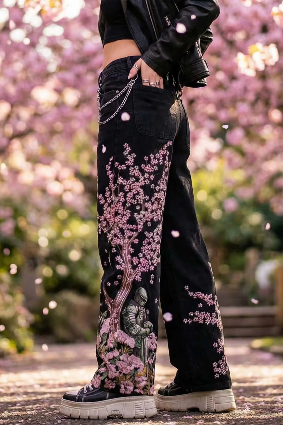 Siyah Sakura Şövalye Nakışlı Y2K Baggy Pantolon Siyah Sakura Şövalye Nakışlı Y2K Baggy Pantolon