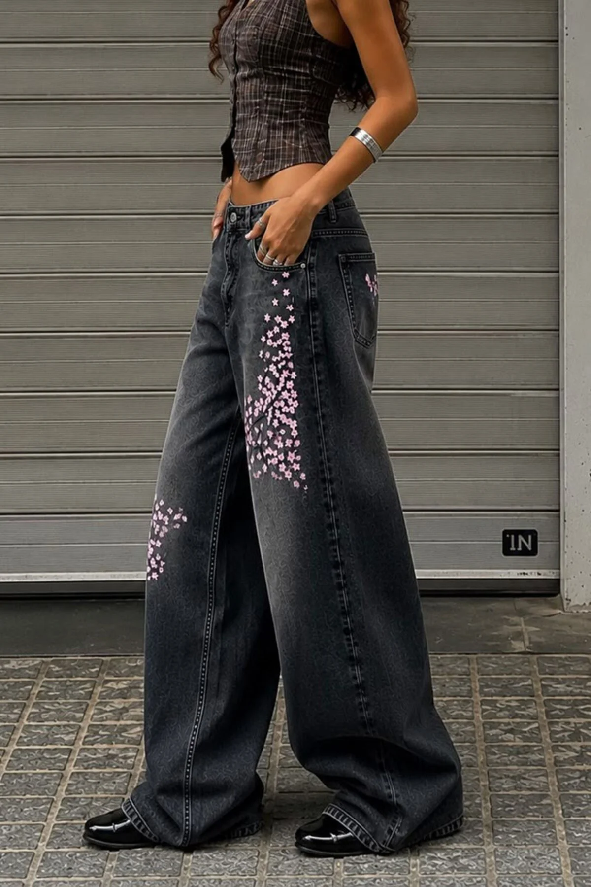 Siyah Sakura Taşlamalı Y2K Unisex Baggy Pantolon Siyah Sakura Taşlamalı Y2K Unisex Baggy Pantolon