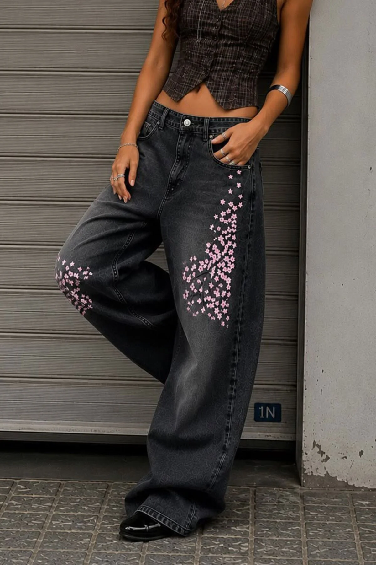 Siyah Sakura Taşlamalı Y2K Unisex Baggy Pantolon Siyah Sakura Taşlamalı Y2K Unisex Baggy Pantolon