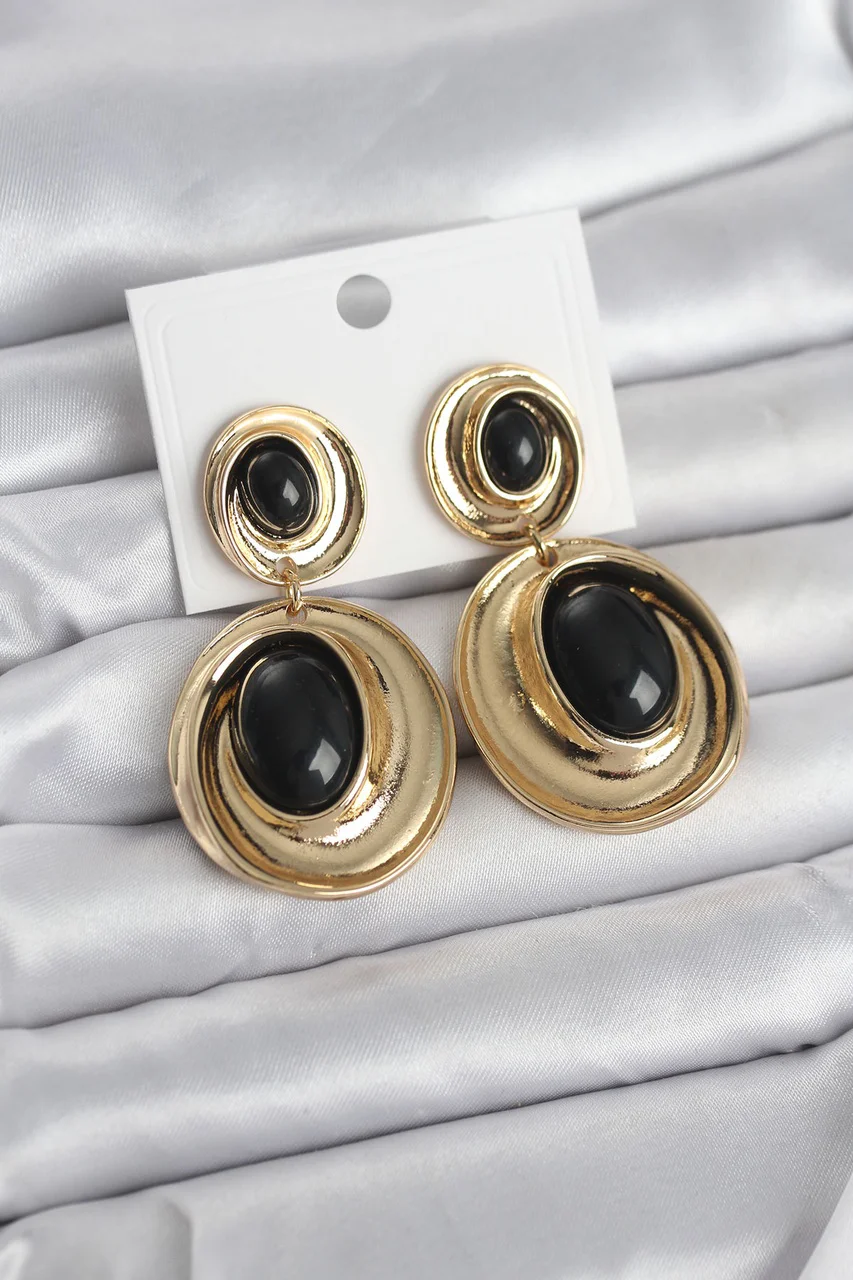 Siyah Sallantılı Damla Model Gold Renk Vintage Kadın Küpe Çok Ren
