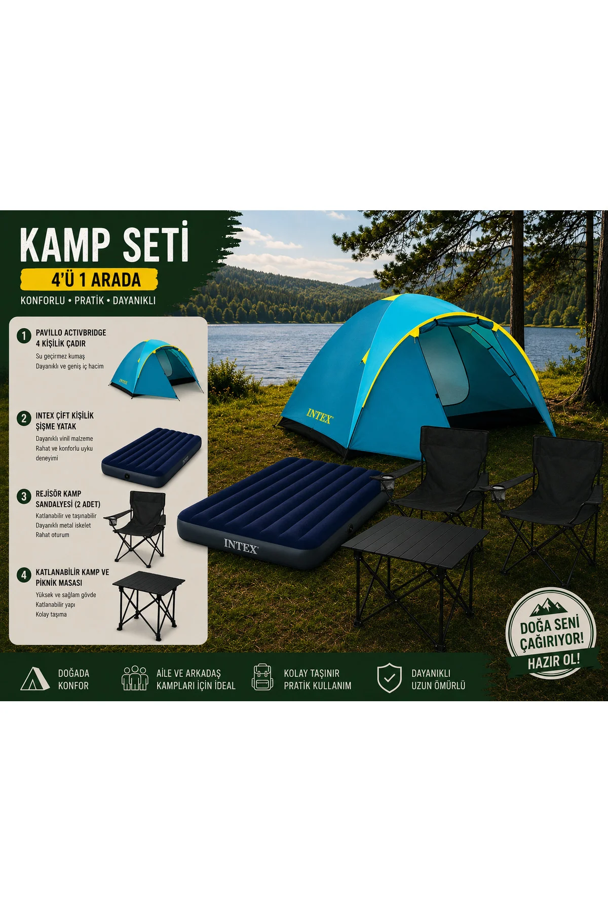 Siyah Sandalyeli Başlangıç Seviyesi Kamp Seti – 4 Kişilik Çadır, Siyah Sandalyeli Başlangıç Seviyesi Kamp Seti – 4 Kişilik Çadır,