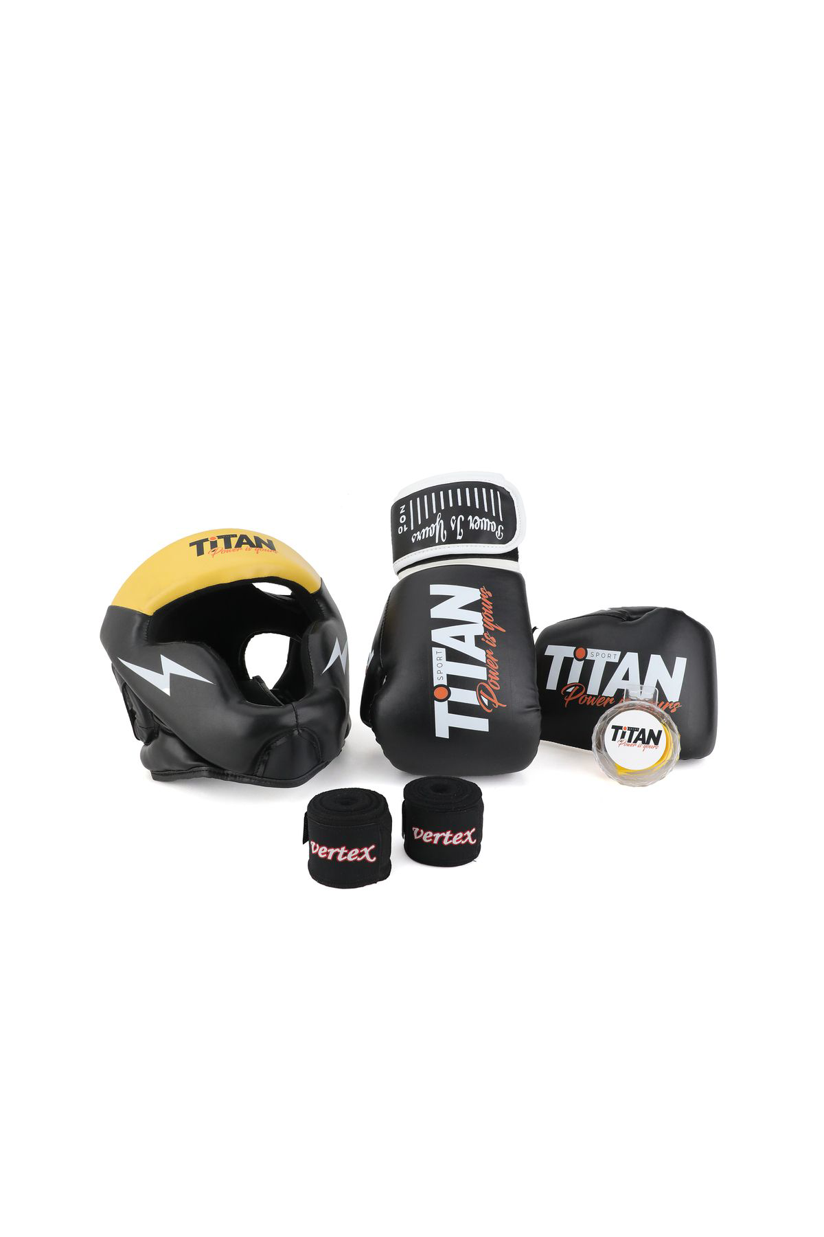Titan Sport Siyah Sari Serisi Özel Takim Set , Boks Kaski, Boks Eldiveni, Diş