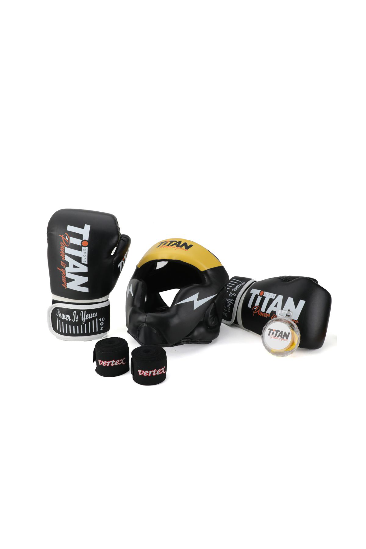 Titan Sport Siyah Sari Serisi Özel Takim Set , Boks Kaski, Boks Eldiveni, Diş