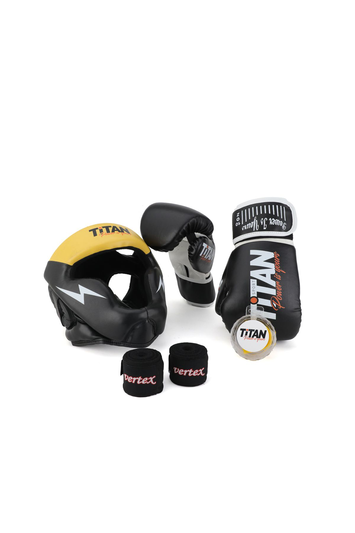 Titan Sport Siyah Sari Serisi Özel Takim Set , Boks Kaski, Boks Eldiveni, Diş