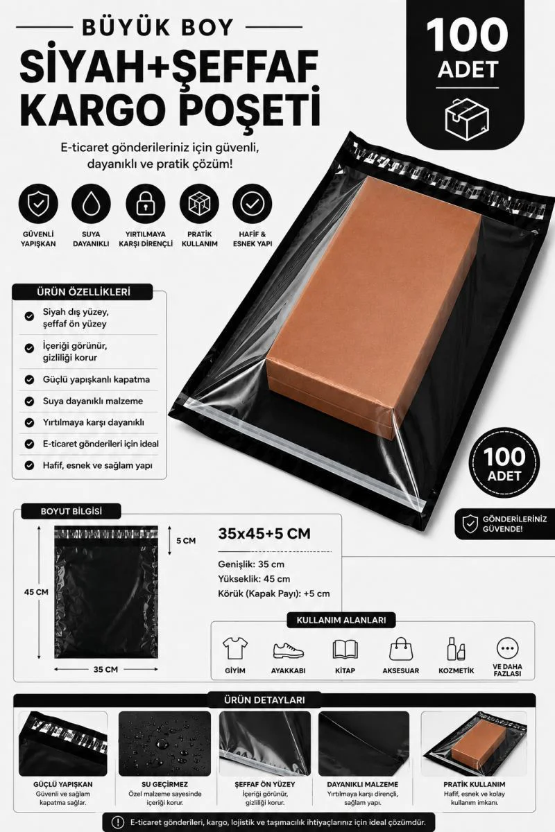 Siyah Şeffaf Kargo Poşeti 35x45+5 Cm 100 Adet – E-Ticaret Paketleme Fiyatı, Yorumları ve Özellikleri