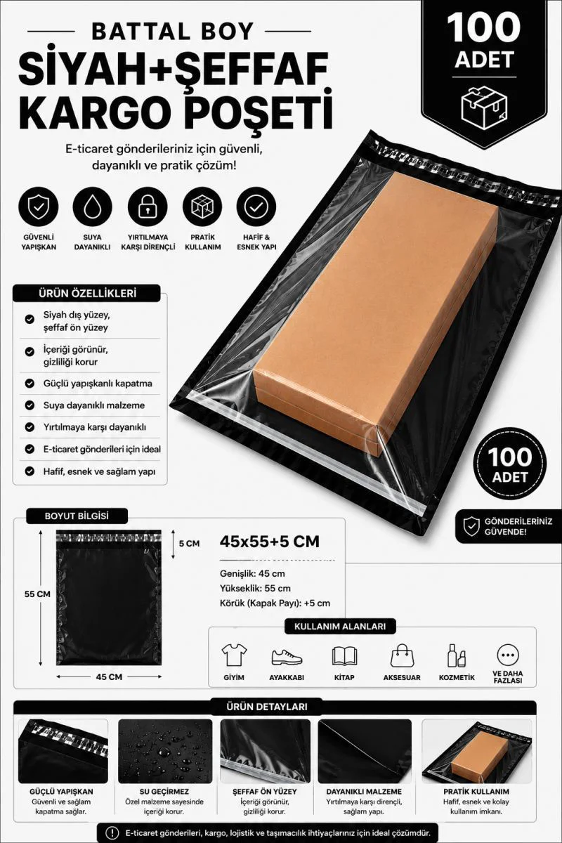 Siyah Şeffaf Kargo Poşeti 45x55+5 Cm 100 Adet – E-Ticaret Paketleme Çözümü Fiyatı, Yorumları ve Özellikleri