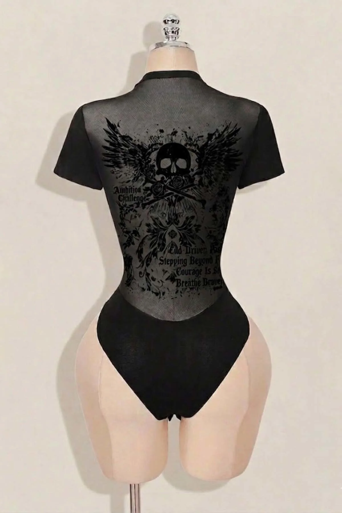 Siyah Skull Ambition Gotik Transparan Kısa Kollu Çıtçıtlı Body