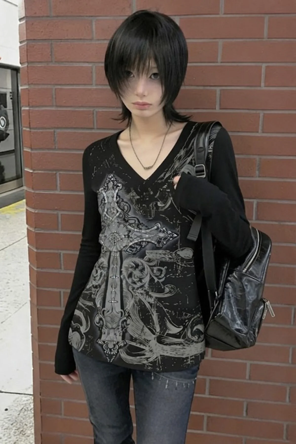Siyah Skull Motifli Gotik Grunge Y2K Uzun Kollu Crop - Görsel 3