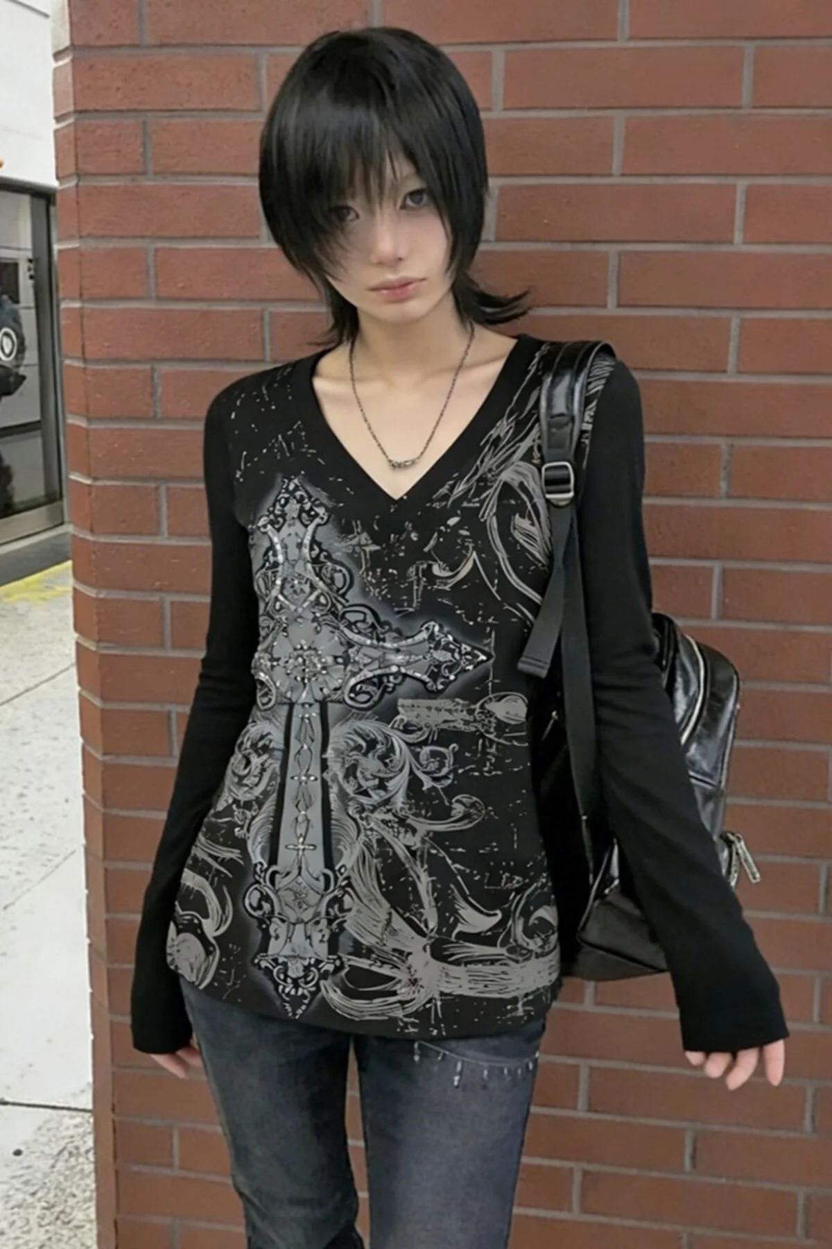 Siyah Skull Motifli Gotik Grunge Y2K Uzun Kollu Crop - Görsel 2