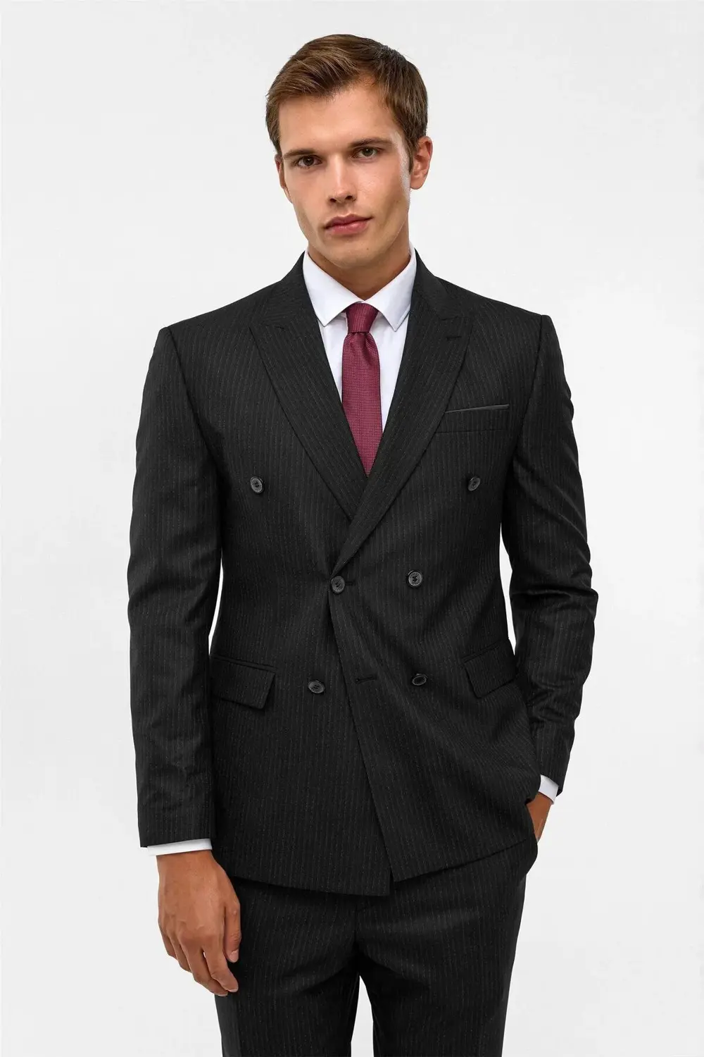 Süvari Siyah Slim Çizgili Sivri Yaka 6 Drop Takım Elbise