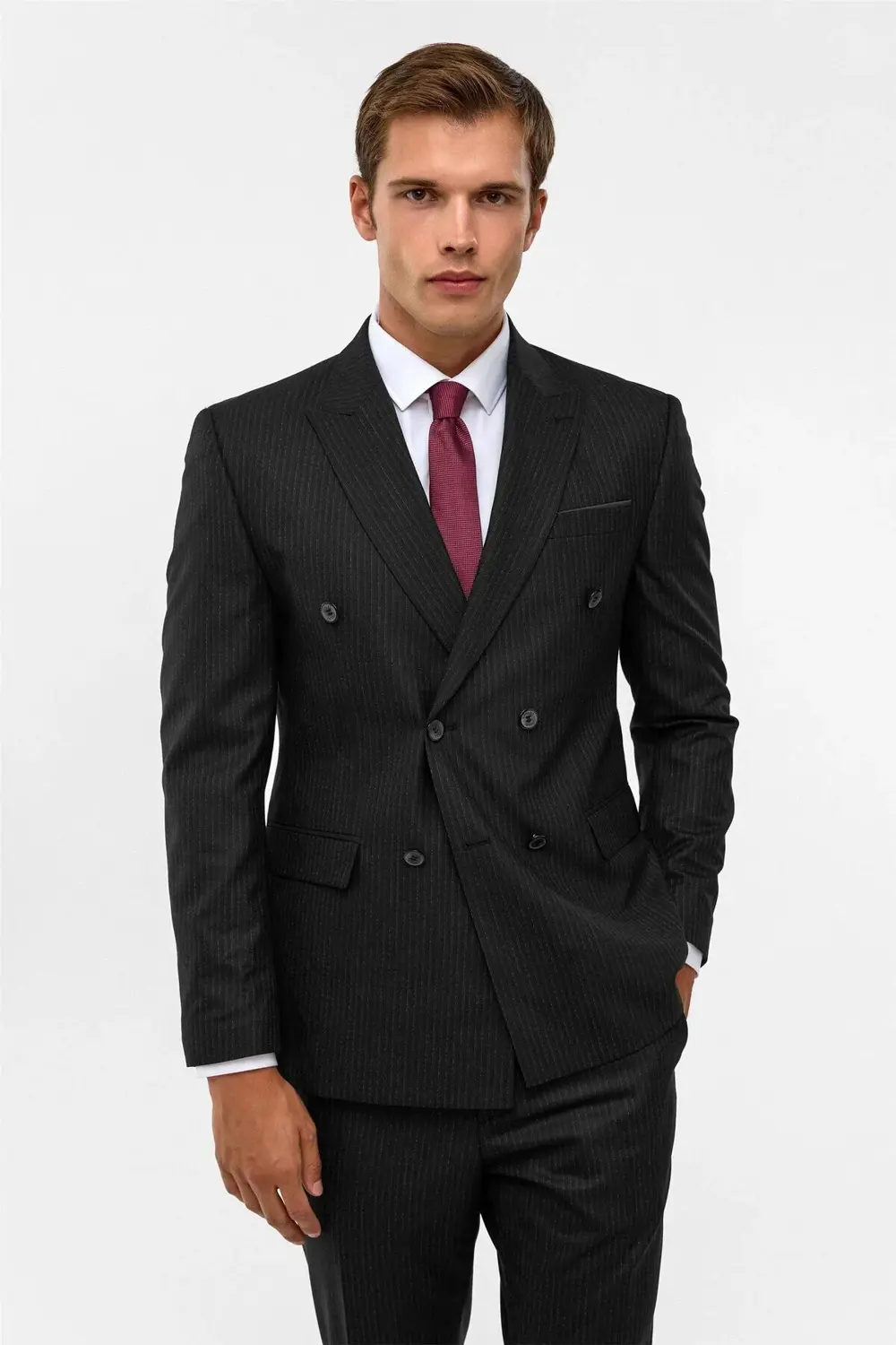 Süvari Siyah Slim Çizgili Sivri Yaka 6 Drop Takım Elbise