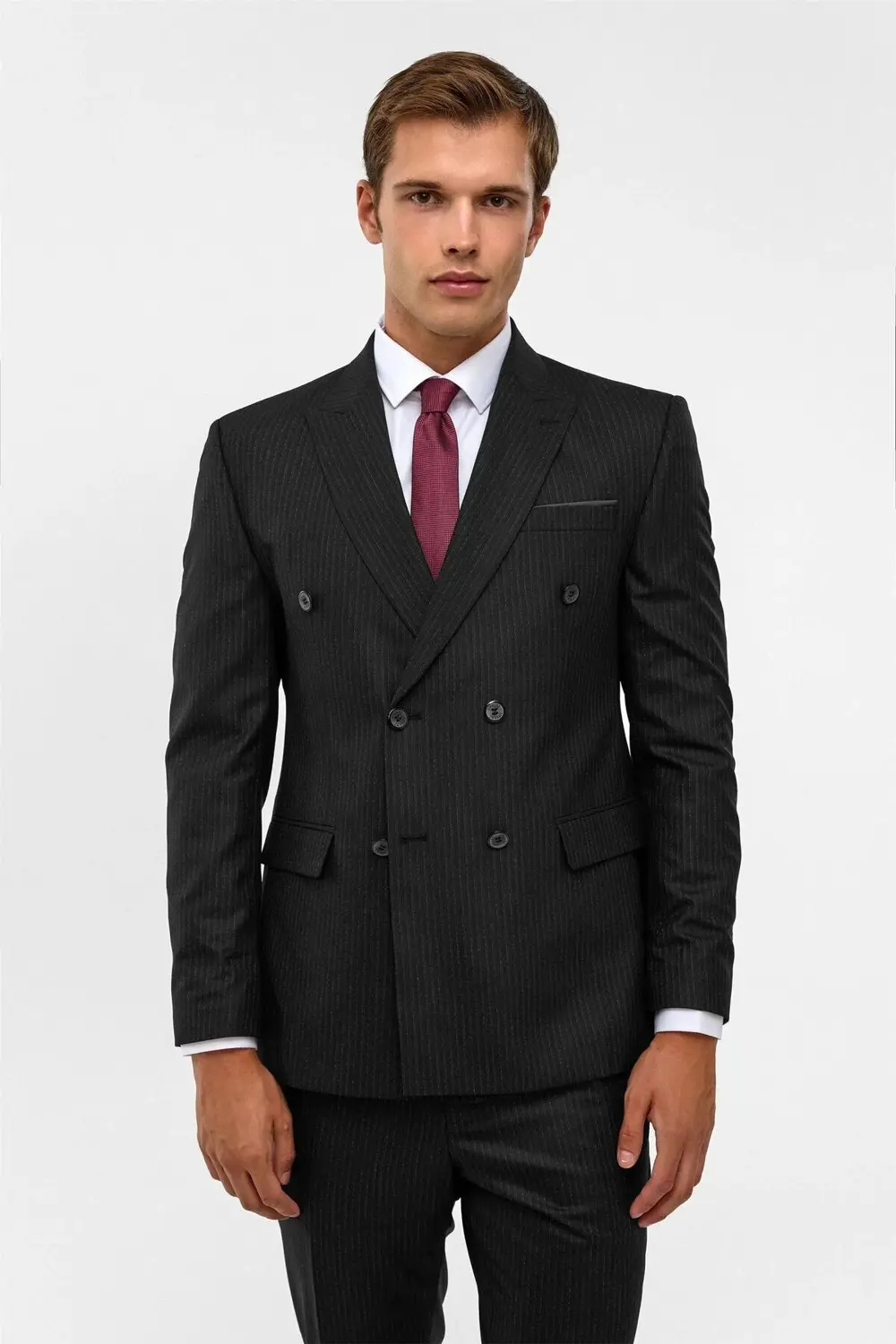 Siyah Slim Çizgili Sivri Yaka 6 Drop Takım Elbise