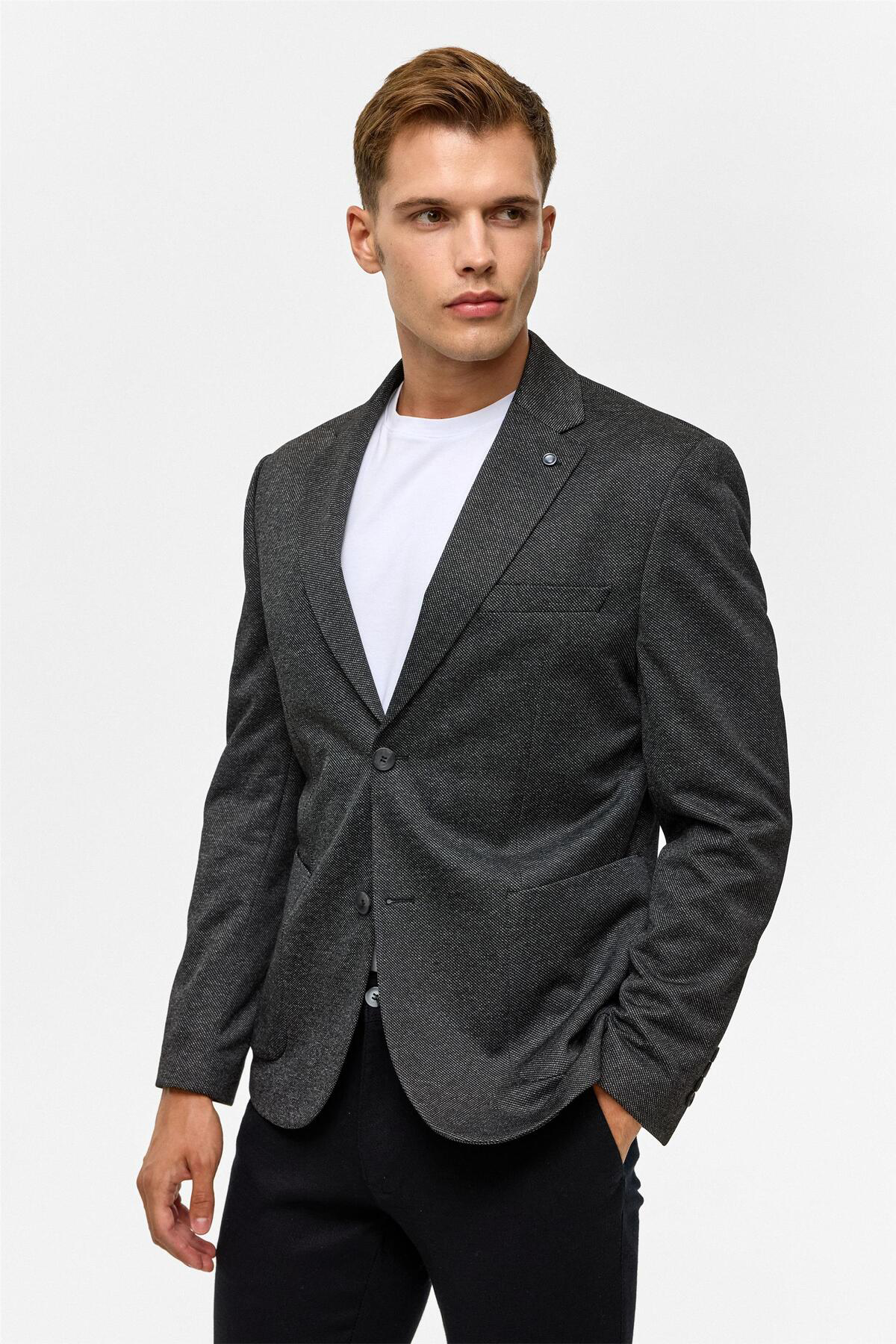 Siyah Slim Desenli Mono Yaka 6 Drop Ceket