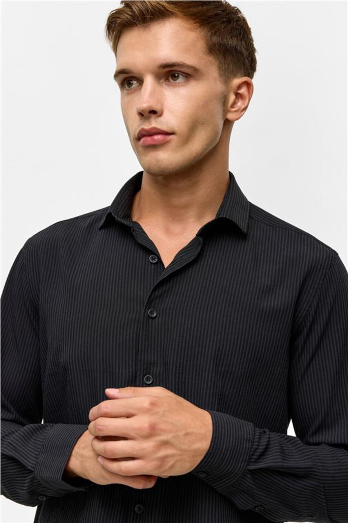 Siyah Slim Klasik Yaka Düz Casual Gömlek