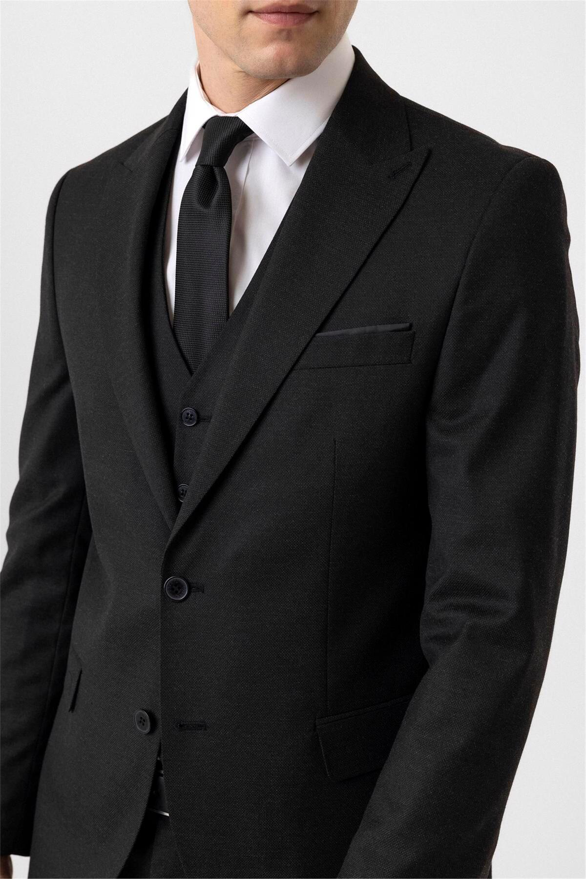 Süvari Siyah Slim Fit Armürlü Sivri Yaka 6 Drop Yelekli Klasik Takım Elb