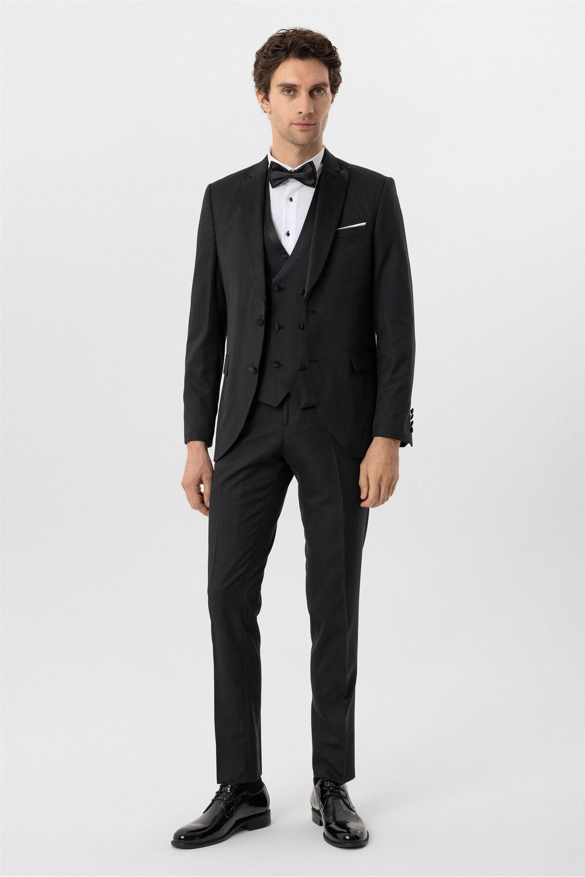 Süvari Siyah Slim Fit Armürlü Sivri Yaka 6 Drop Smokin & Damatlık