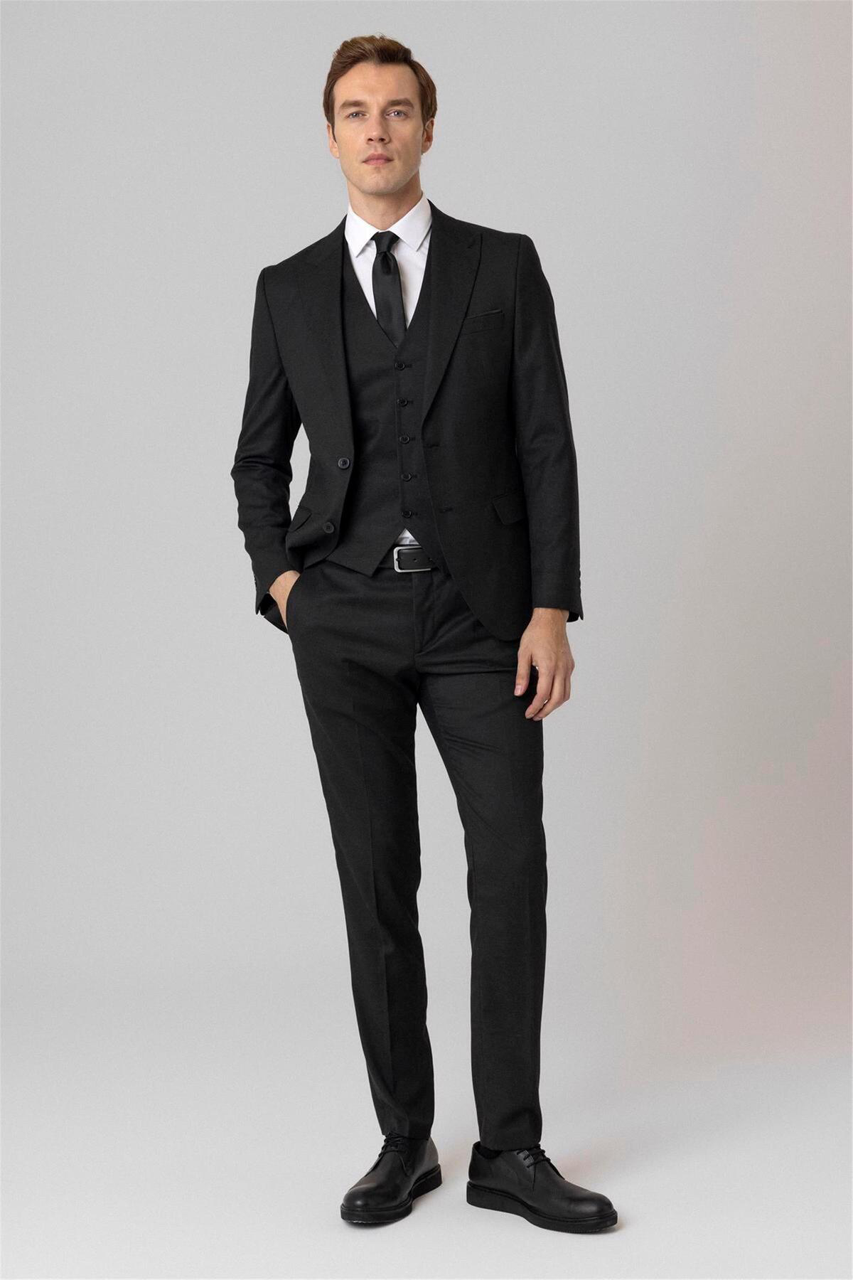 Süvari Siyah Slim Fit Armürlü Sivri Yaka 6 Drop Yelekli Klasik Takım Elb