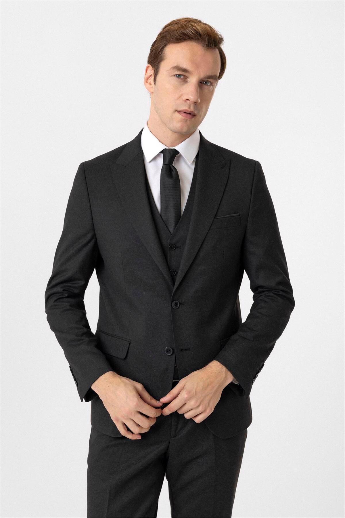 Süvari Siyah Slim Fit Armürlü Sivri Yaka 6 Drop Yelekli Klasik Takım Elb