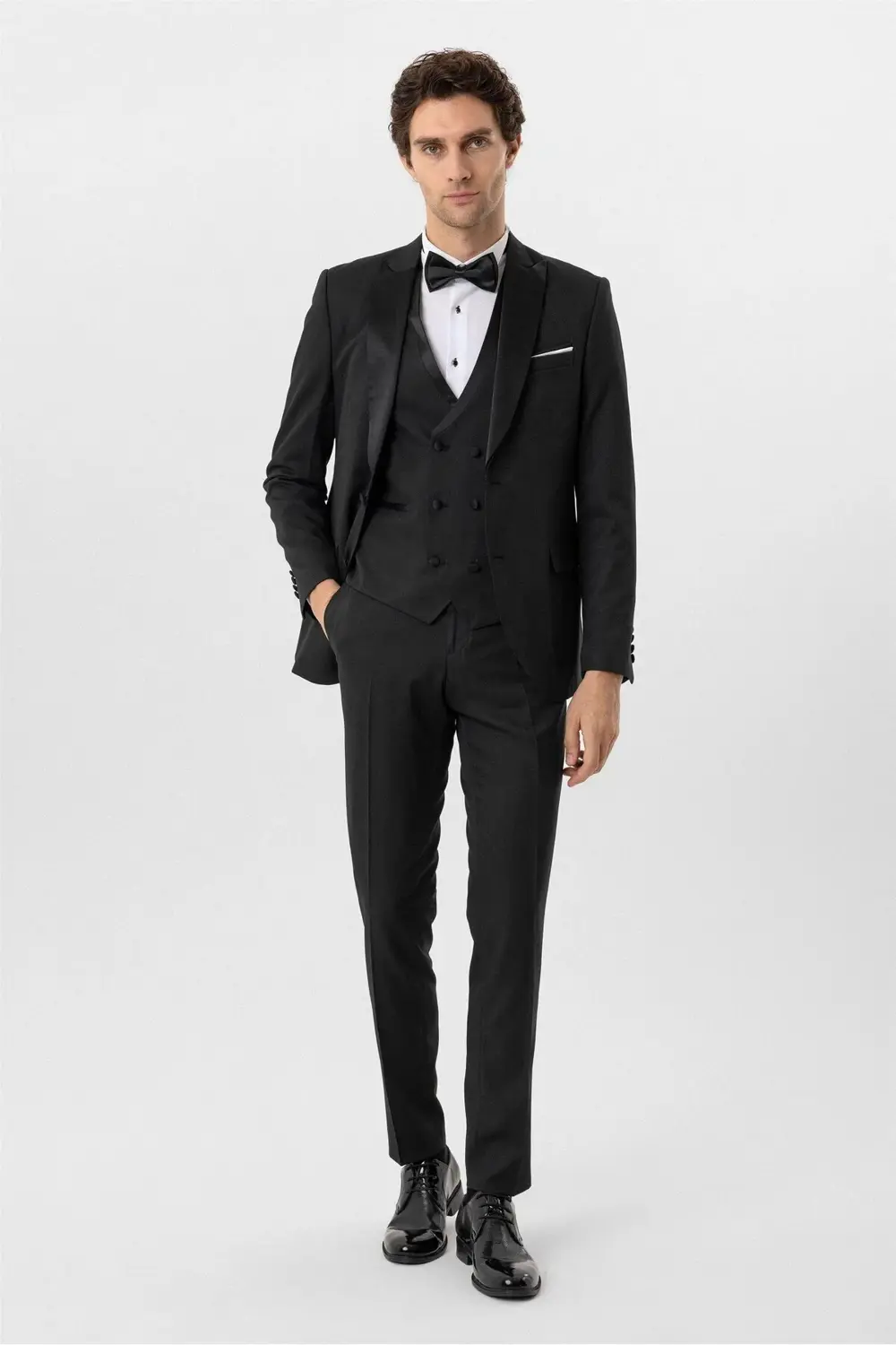 Süvari Siyah Slim Fit Armürlü Sivri Yaka 6 Drop Smokin & Damatlık