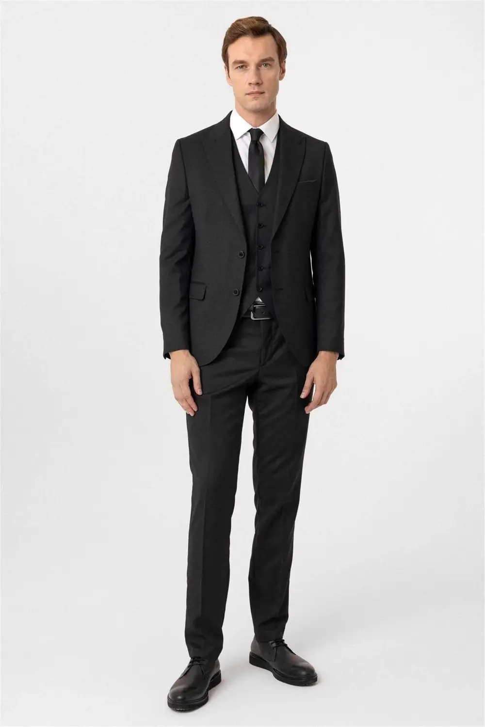 Süvari Siyah Slim Fit Armürlü Sivri Yaka 6 Drop Yelekli Klasik Takım Elb