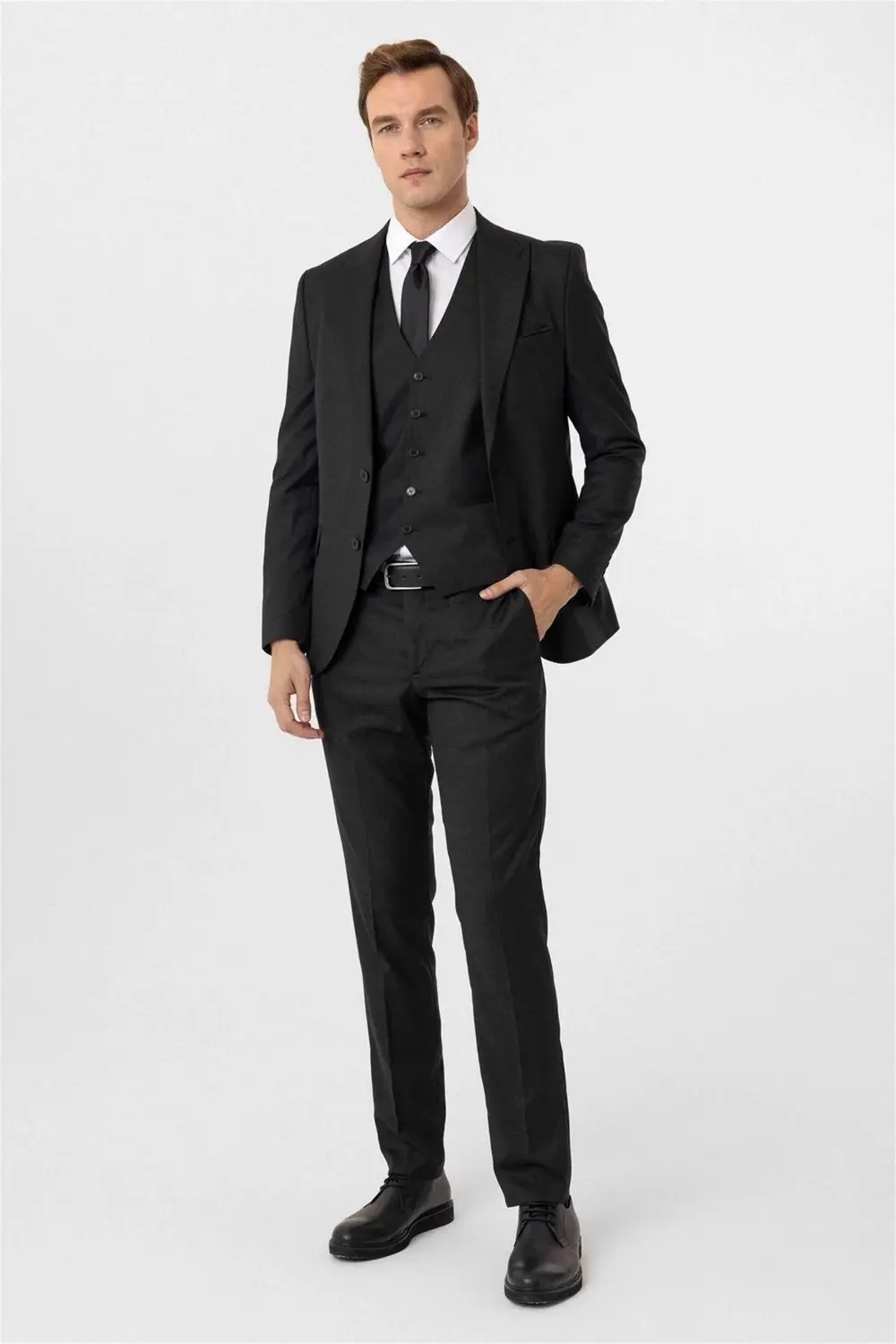 Süvari Siyah Slim Fit Armürlü Sivri Yaka 6 Drop Yelekli Klasik Takım Elb