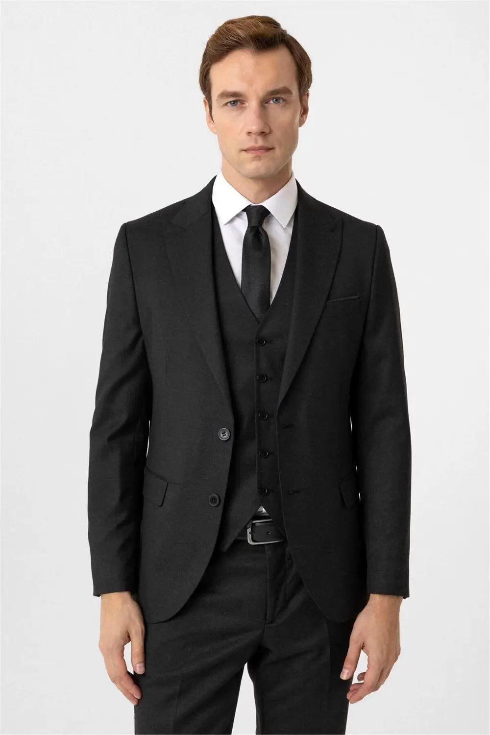 Süvari Siyah Slim Fit Armürlü Sivri Yaka 6 Drop Yelekli Klasik Takım Elb