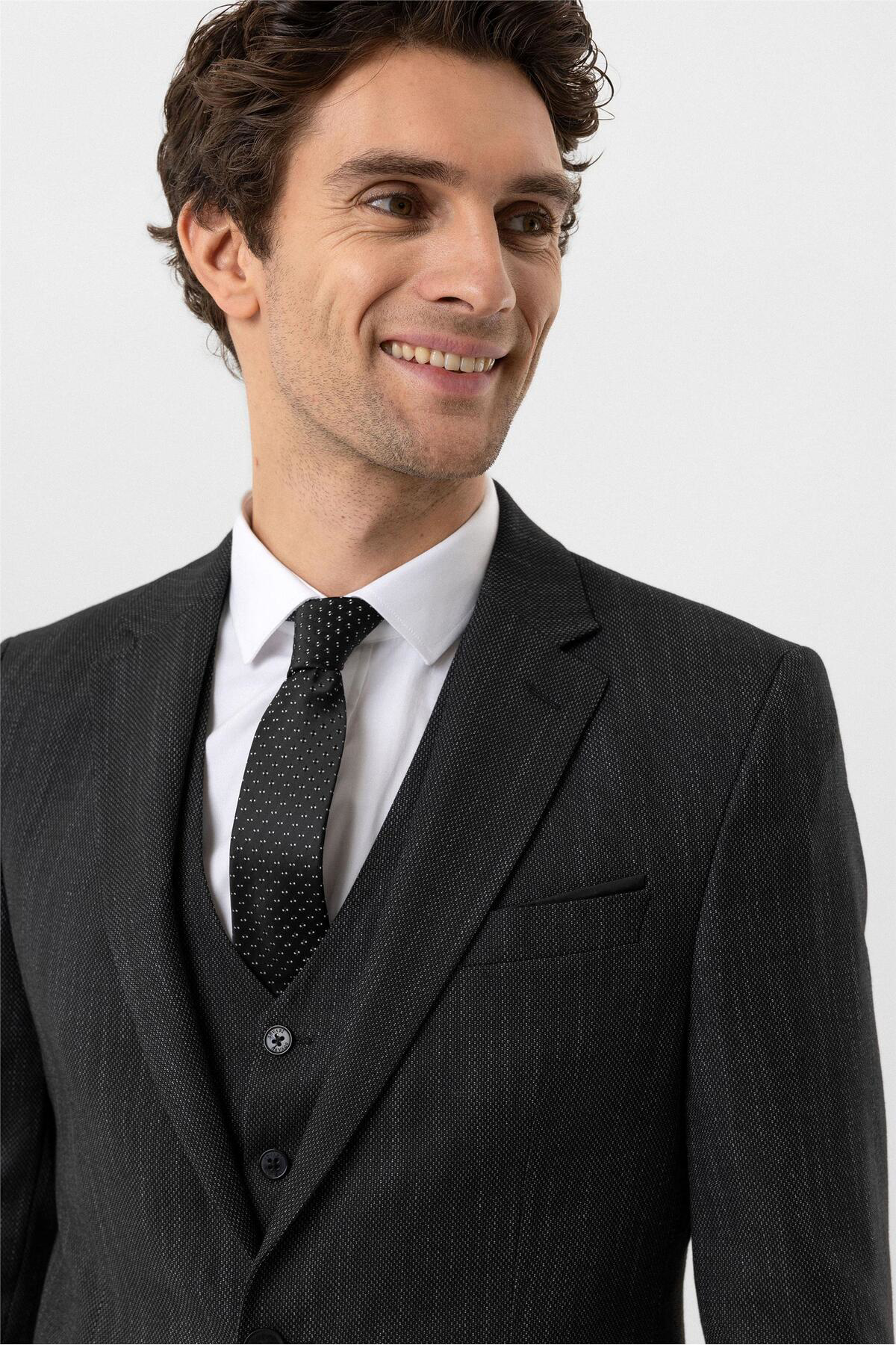 Süvari Siyah Slim Fit Desenli Mono Yaka 6 Drop Yelekli Klasik Takım Elbi