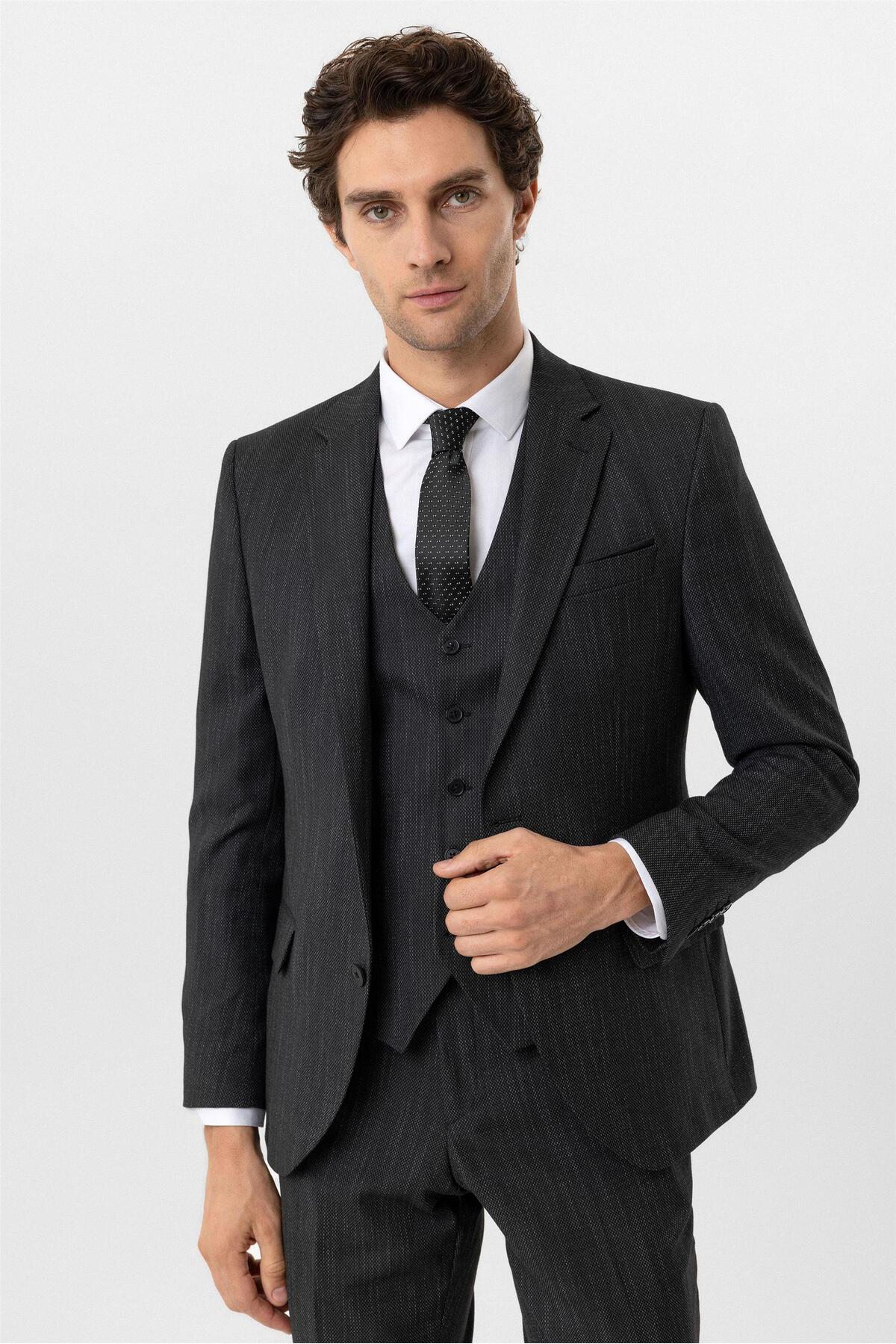 Süvari Siyah Slim Fit Desenli Mono Yaka 6 Drop Yelekli Klasik Takım Elbi