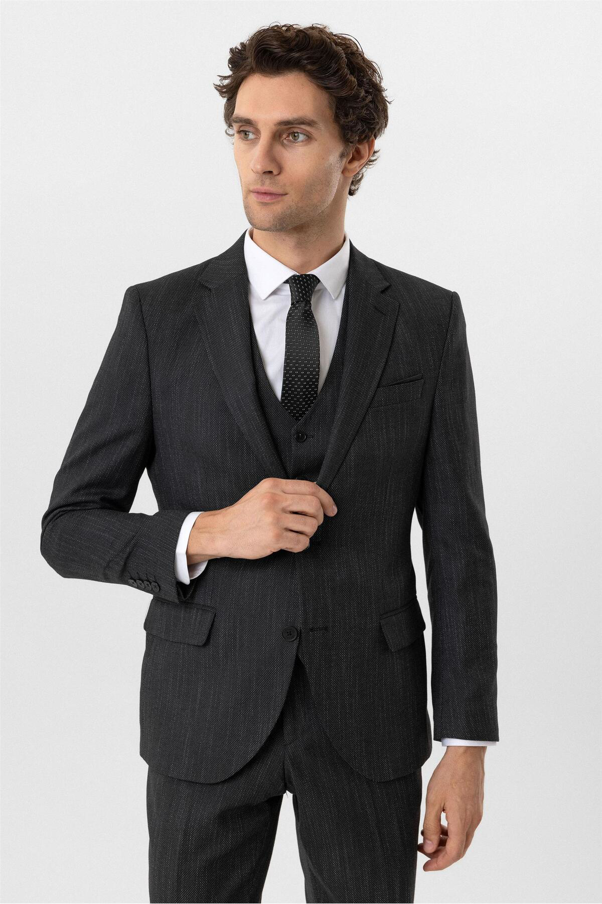 Süvari Siyah Slim Fit Desenli Mono Yaka 6 Drop Yelekli Klasik Takım Elbi