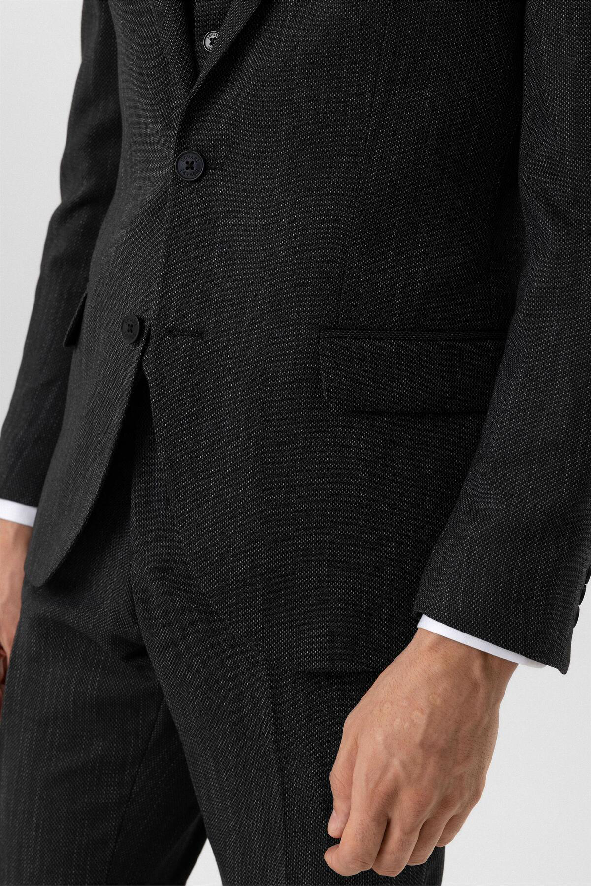 Süvari Siyah Slim Fit Desenli Mono Yaka 6 Drop Yelekli Klasik Takım Elbi