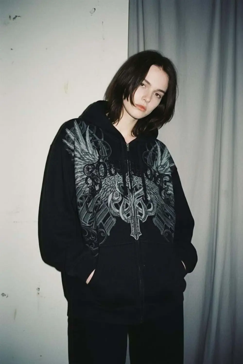 Siyah South Pole Gotik Wing Grunge Y2K Unsiex Kapüşonlu Hırka