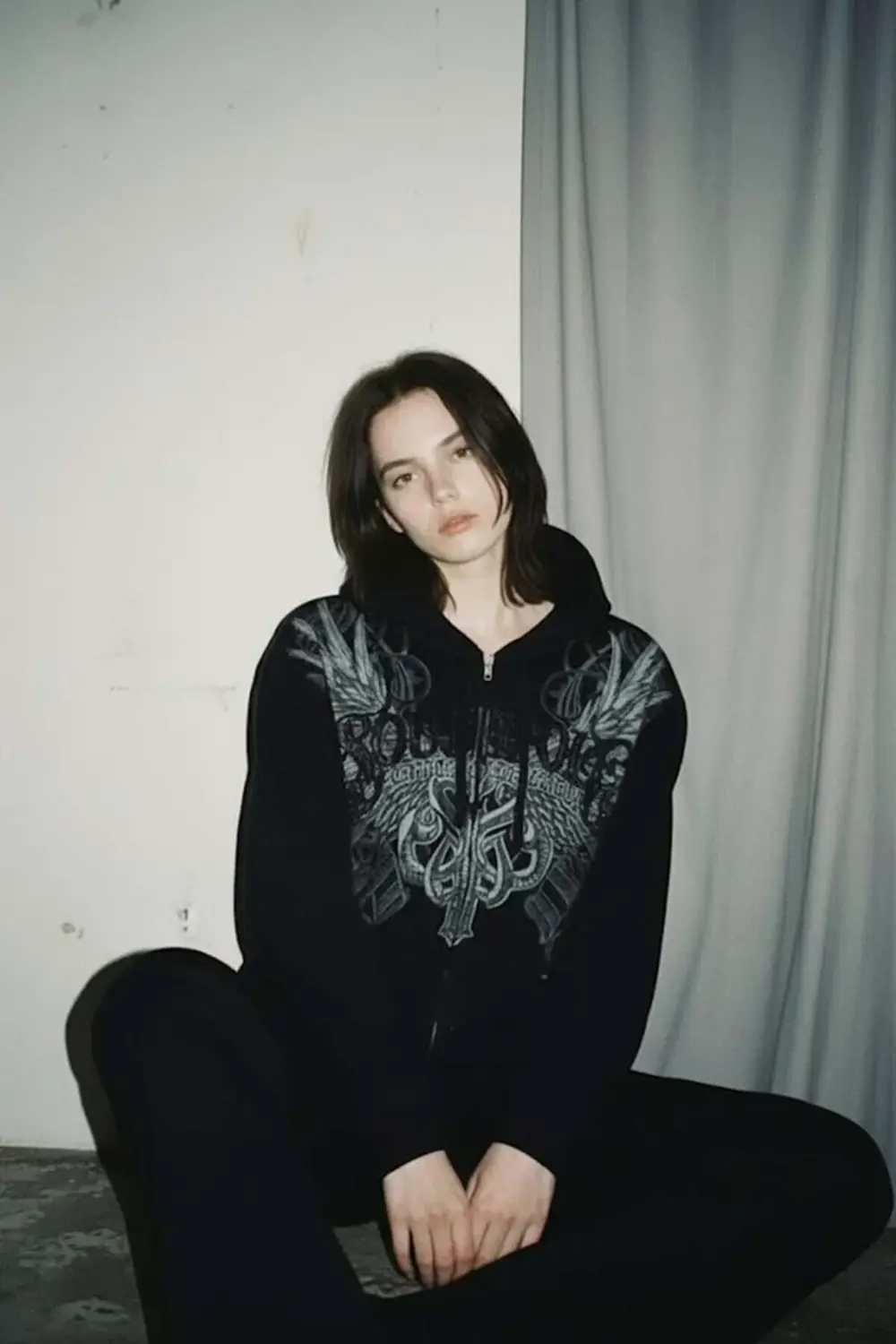 Siyah South Pole Gotik Wing Grunge Y2K Unsiex Kapüşonlu Hırka