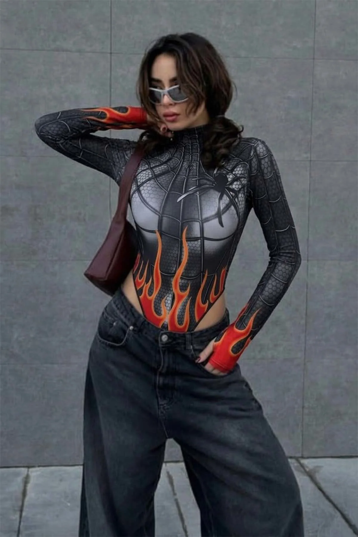 Siyah Spider Flame Baskılı Cosplay Y2K Uzun Kollu Çıtçıtlı Body