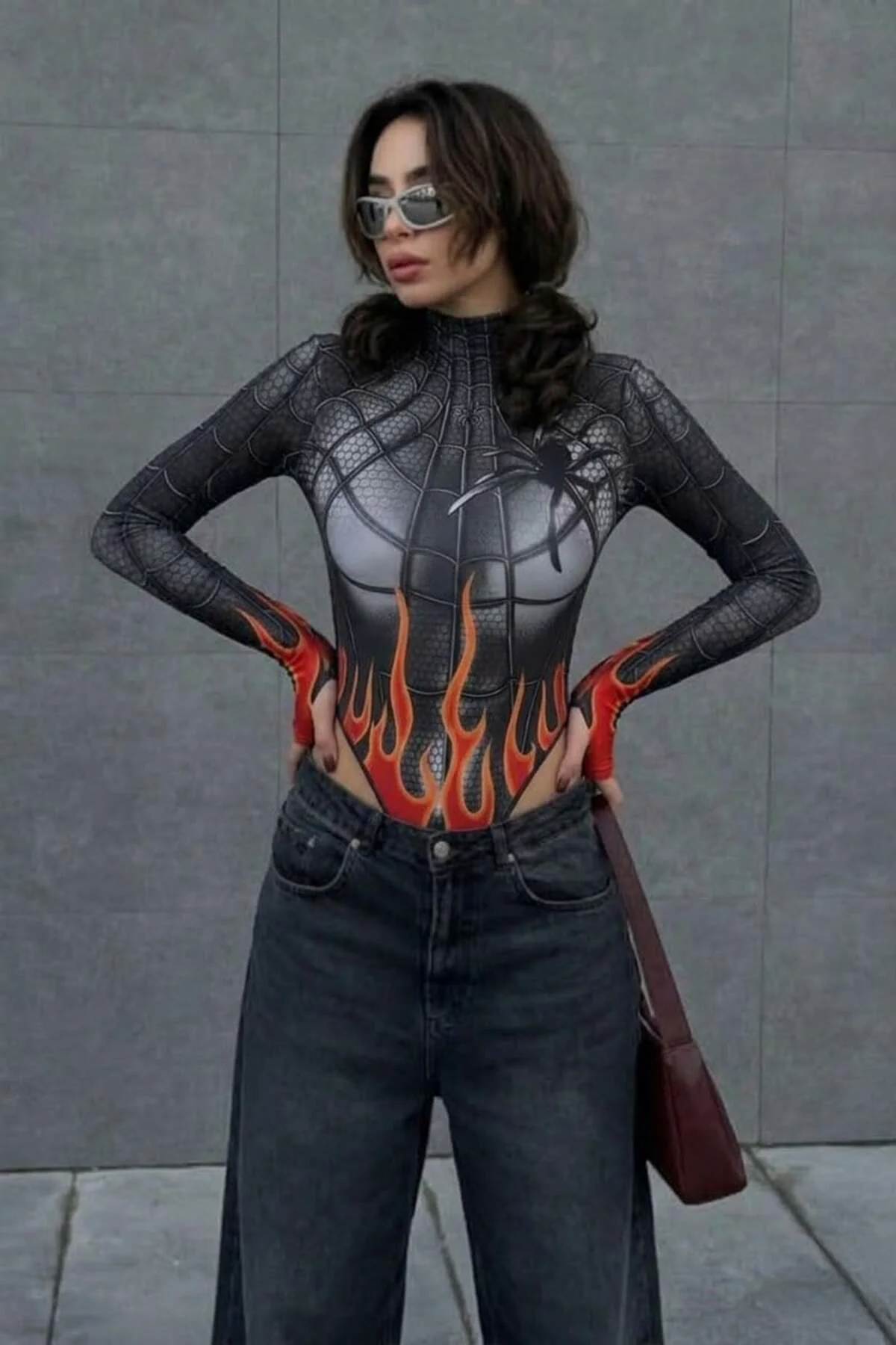 Siyah Spider Flame Baskılı Cosplay Y2K Uzun Kollu Çıtçıtlı Body